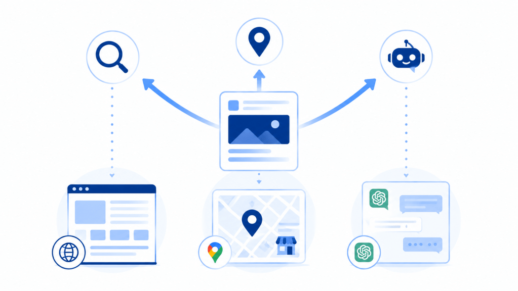 1つの投稿がSEO・MEO・LLMOへ一括最適化されるAXiYの仕組み図