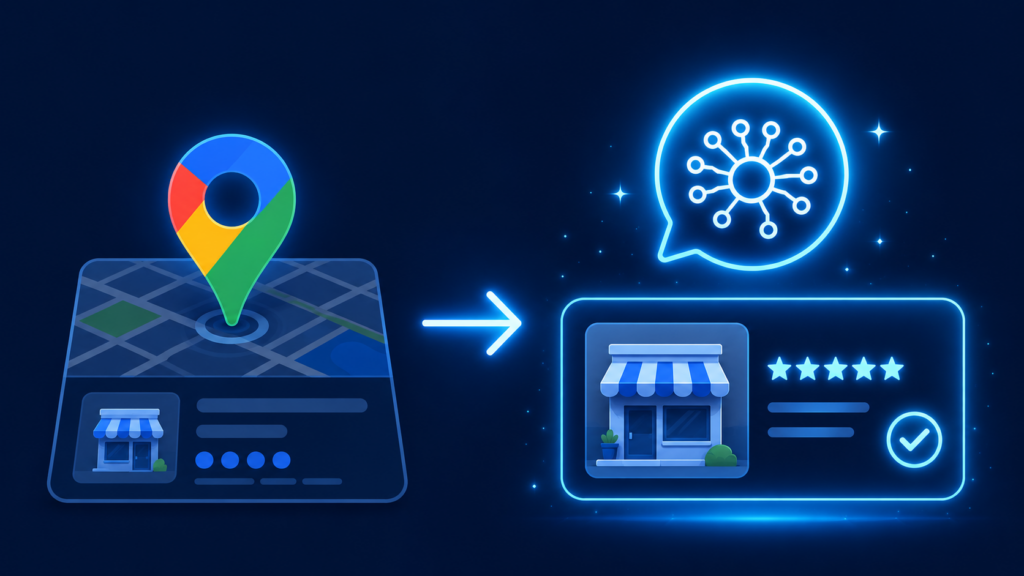 地図のピン（MEO）から生成AIの回答（GEO）へシフトし、店舗が引用される様子