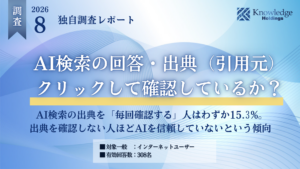 AI検索の回答に表示される出典を「毎回クリックして確認する」人は15.3%だったことを示す、ナレッジホールディングス独自調査（20〜59歳308名）のレポート表紙