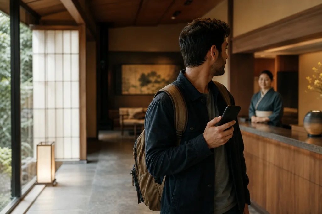旅館のフロントでスマートフォンを手に、Googleマップの情報を確認しながら安心した表情を見せる宿泊客と、それを迎えるスタッフのイメージ