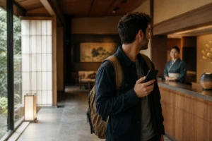 旅館のフロントでスマートフォンを手に、Googleマップの情報を確認しながら安心した表情を見せる宿泊客と、それを迎えるスタッフのイメージ