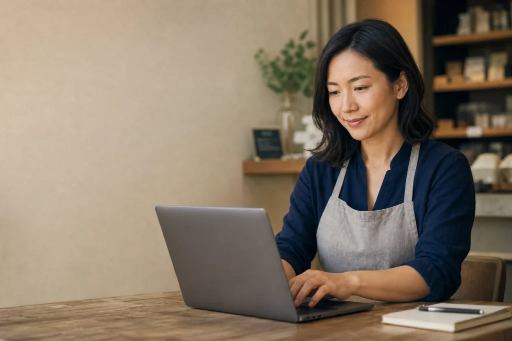 スタッフが落ち着いた表情でパソコンに向かい、口コミへの返信内容を考えながら入力している様子