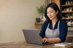スタッフが落ち着いた表情でパソコンに向かい、口コミへの返信内容を考えながら入力している様子