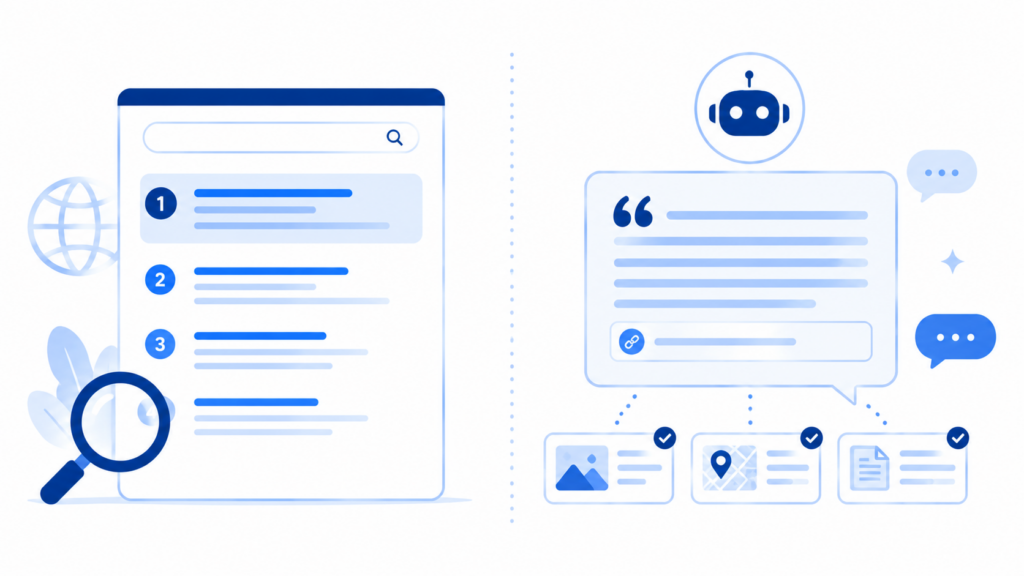 SEO(検索エンジン向け)とLLMO(生成AI向け)の違いを左右で対比した図
