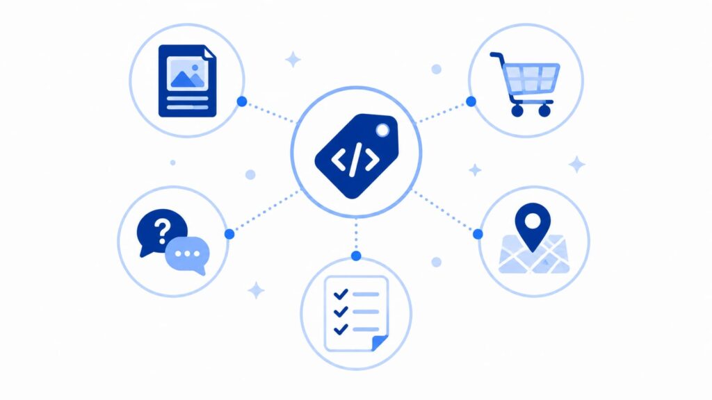 ページの種類に応じてSchema.orgの型(Article・Product・FAQ等)を選ぶイメージ