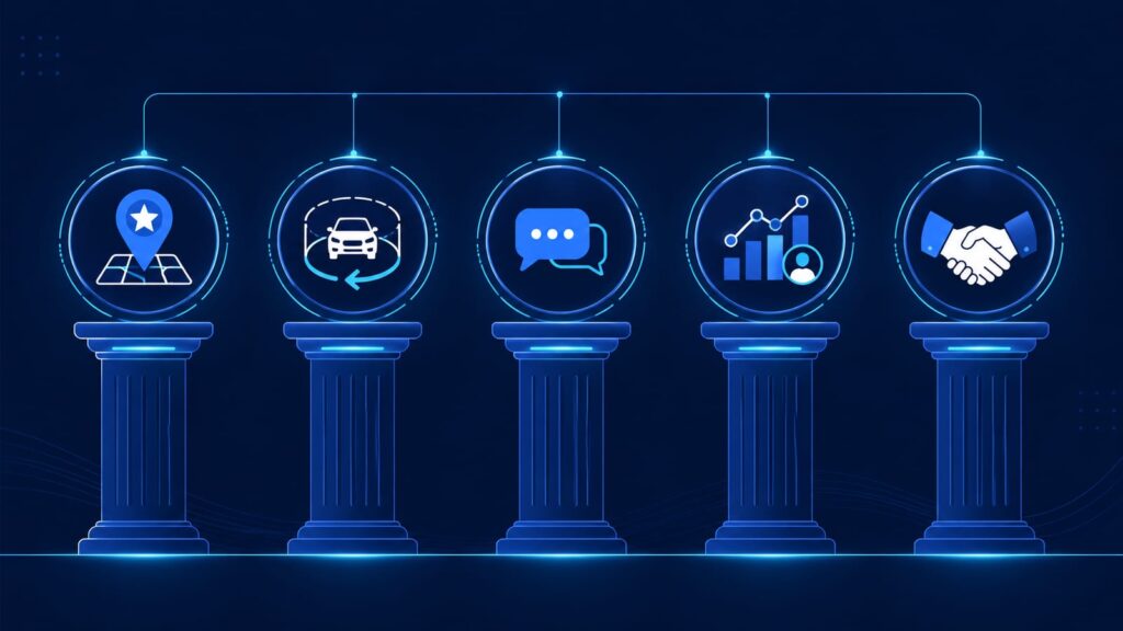 AI活用5つの柱の図解:MEO・デジタル体験・チャット導線・データ提案・地域ブランディングをアイコンで並べたインフォグラフィック