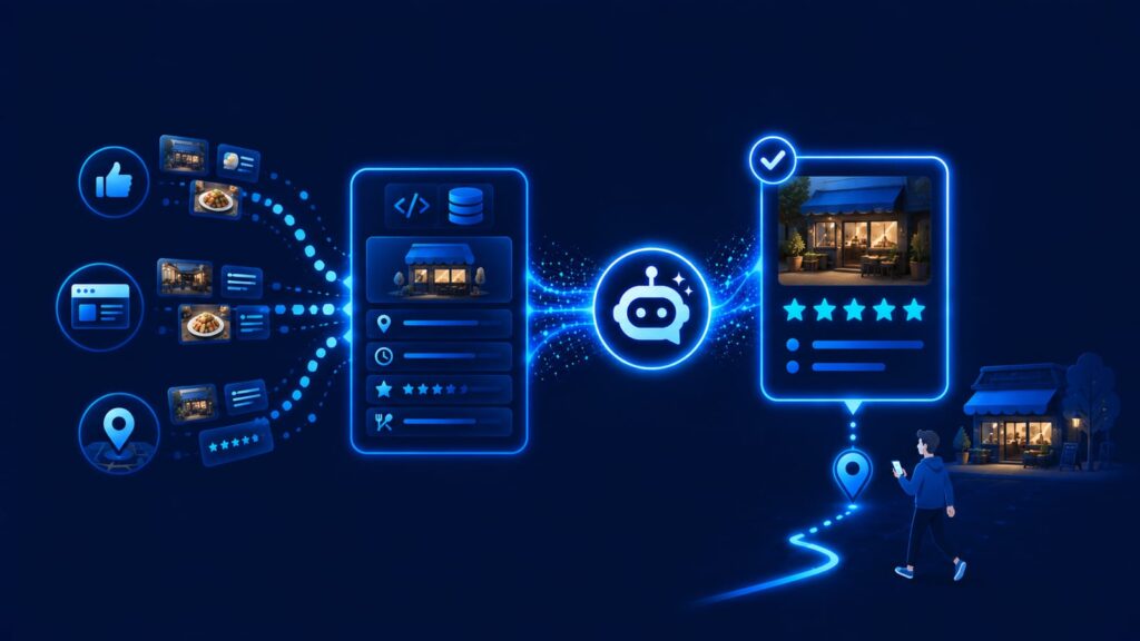 バラバラだった店舗情報がSNS・HP・Googleマップで統合・構造化され、AIの回答枠に写真付きで引用され、ユーザーの来店につながる様子