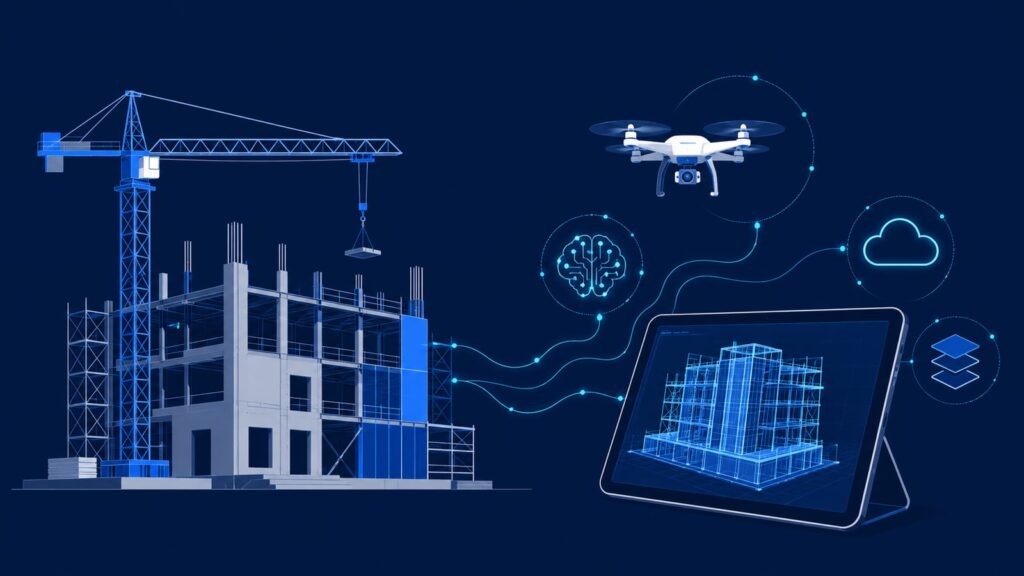 建設現場とAI／デジタル技術が連携する様子を、青系フラットイラストで表現したアイキャッチ的なビジュアル