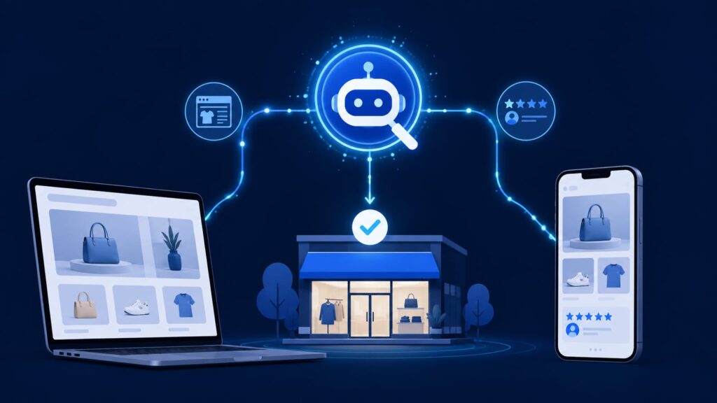 自然な言葉の検索に対し、AIが小売店のサイト情報をもとに回答する様子を、青系フラットイラストで表現したアイキャッチ的なビジュアル