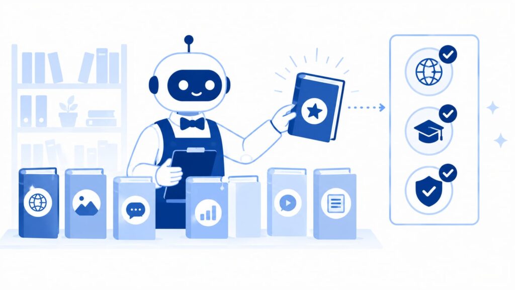 網羅性・専門性・信頼性の3条件でAIがコンテンツを選ぶイメージ