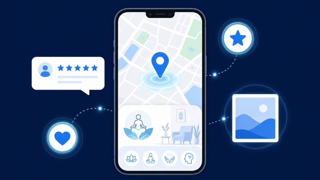 スマホのGoogleマップに表示された治療院のピンを、青系フラットイラストで表現したアイキャッチ的なビジュアル