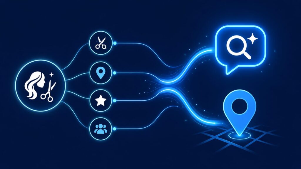 美容室の統一された情報が、AI検索とGoogleマップの両方で引用・表示される様子