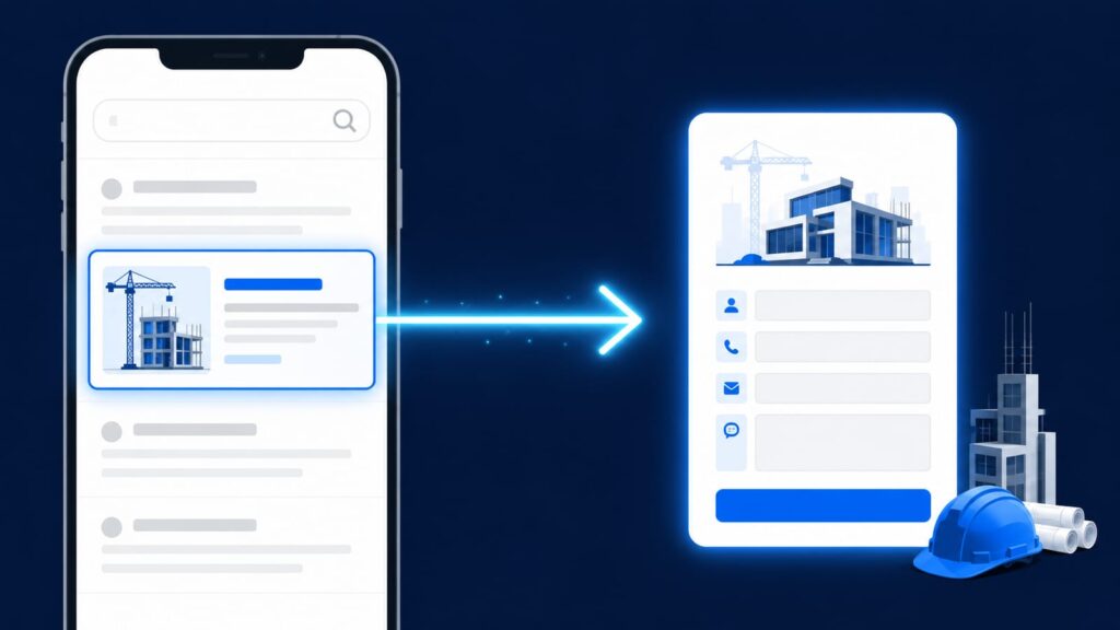 スマホの検索結果に表示された建築会社の広告枠と問い合わせ導線を、青系フラットイラストで表現したアイキャッチ的なビジュアル