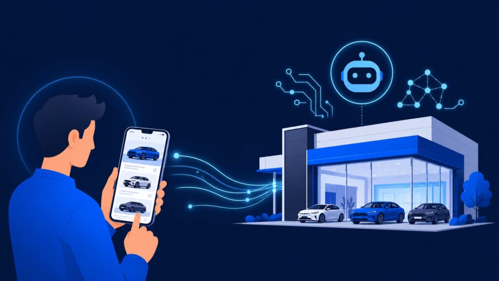 スマホで車を探す顧客と、AIに支えられた自動車販売店を結ぶ、青系フラットイラストのアイキャッチ的なビジュアル