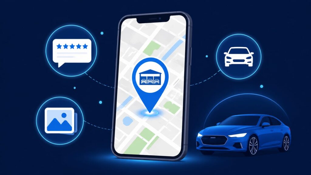 スマホのGoogleマップに表示された自動車販売店のピンを、青系フラットイラストで表現したアイキャッチ的なビジュアル