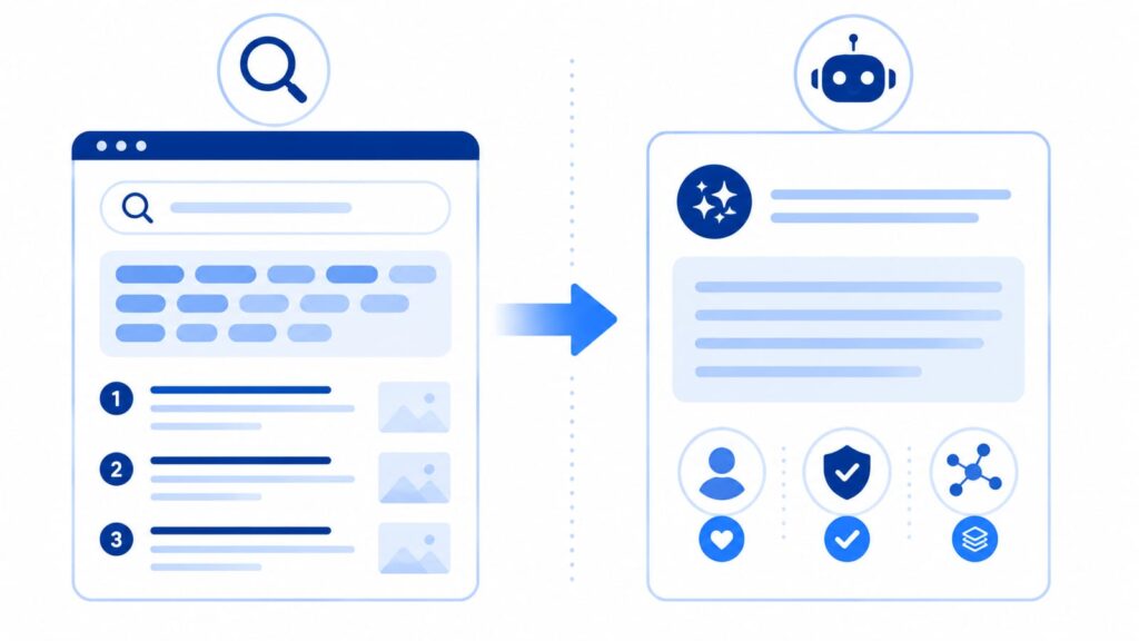 キーワード重視の旧SEOから、意図と信頼性を重視するAI検索時代への変化