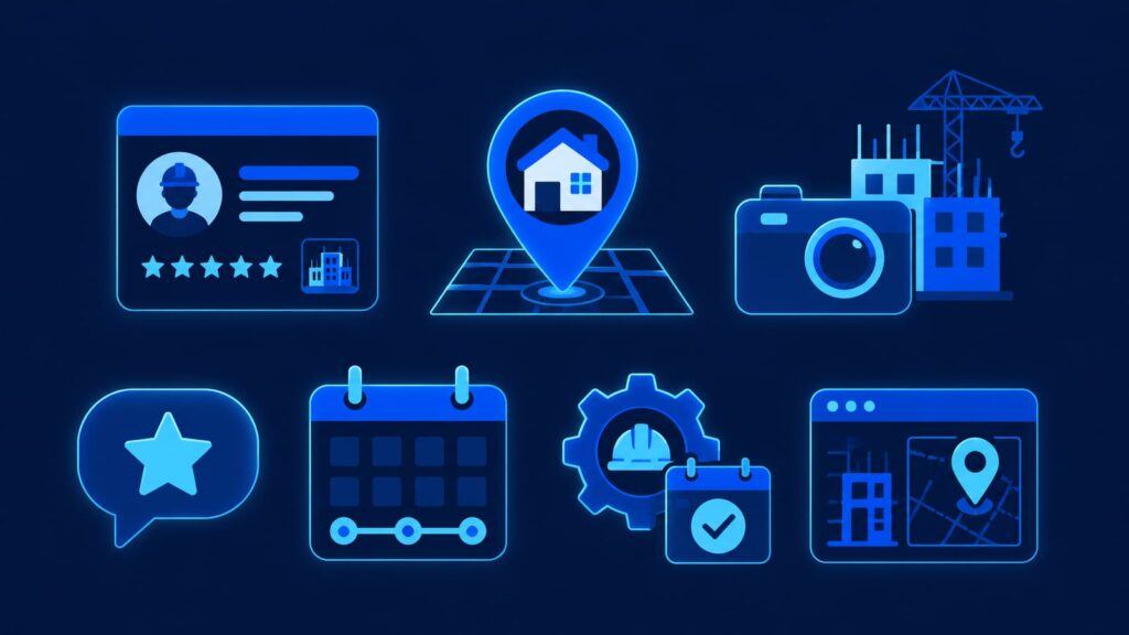 建築MEO 7つの整備項目の図解：プロフィール・キーワード・施工写真・口コミ・投稿・属性予約・サイト連携をアイコンで並べたインフォグラフィック