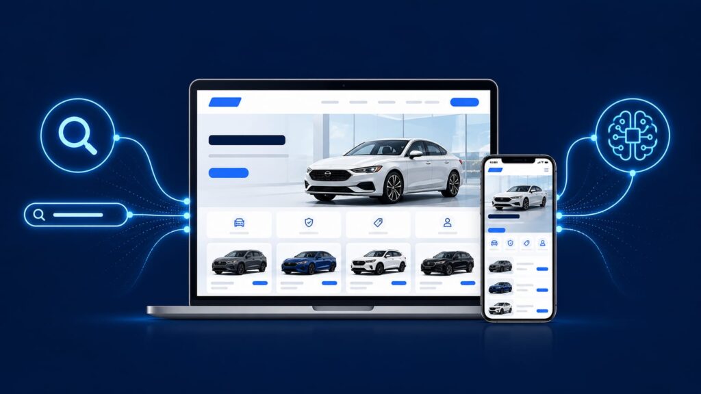 検索エンジンとAIの両方に評価される自動車販売店のサイトを、青系フラットイラストで表現したアイキャッチ的なビジュアル