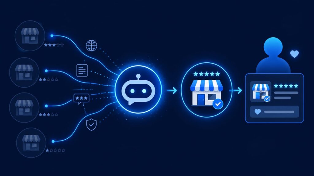 AIが情報を要約してユーザーに推薦し、そこに自社が選ばれる様子