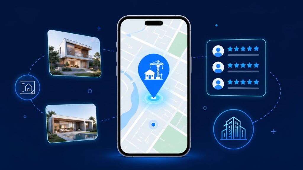 スマホのGoogleマップに表示された建築会社のピンと施工事例を、青系フラットイラストで表現したアイキャッチ的なビジュアル