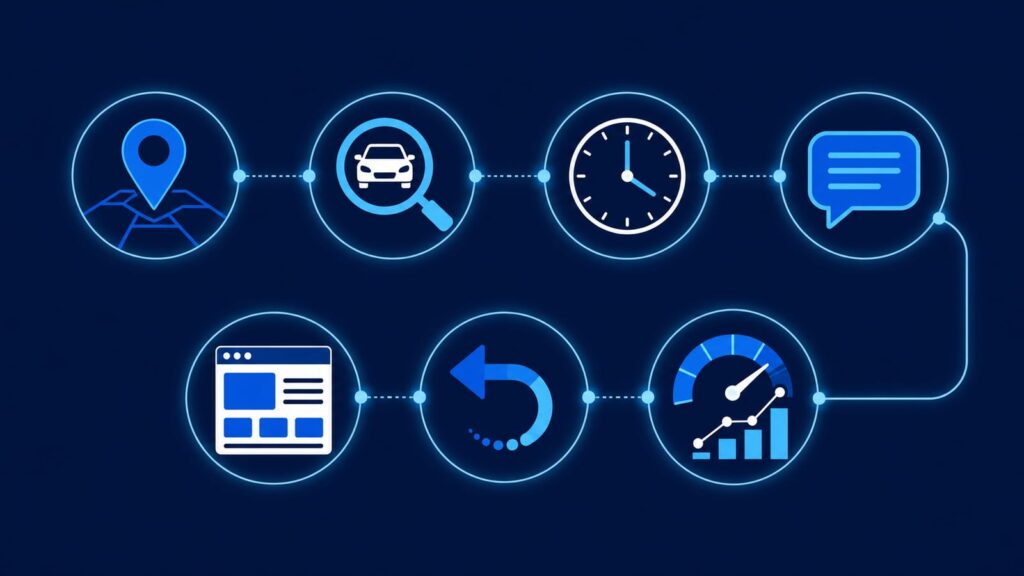 リスティング広告7つの設計ポイントの図解：地域・キーワード・時間帯・広告文・LP・リマーケティング・入札調整をアイコンで並べたインフォグラフィック