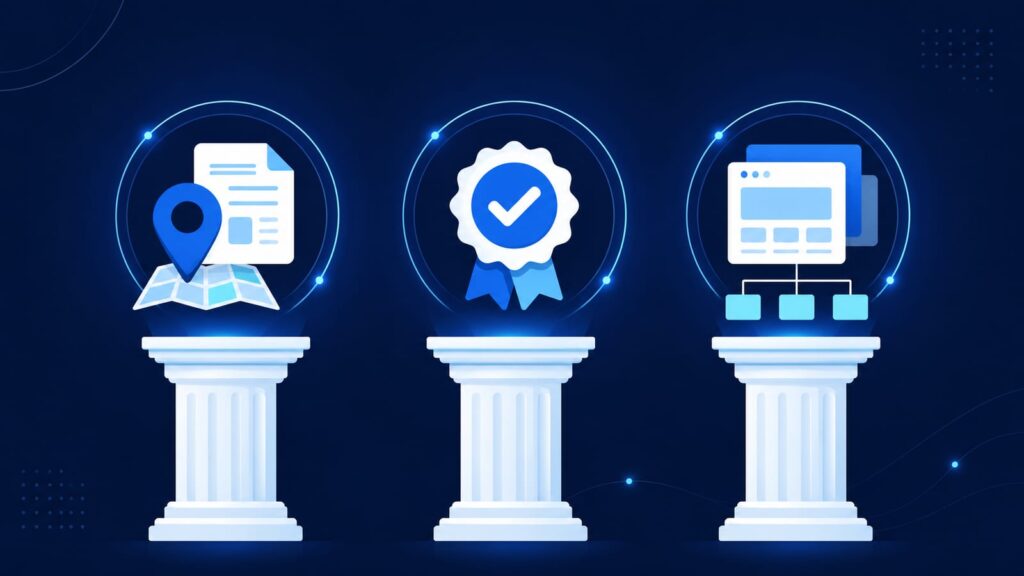 SEOの3つの柱の図解：地域×症状コンテンツ・E-E-A-T・サイト整備をアイコンで並べたインフォグラフィック。