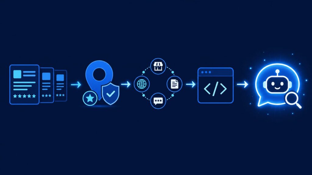 MEO→GEOシフトの4ステップ図解：情報の一致→マップ充実と保護→サイテーション→構造化データ