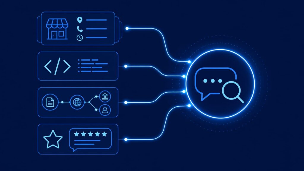 AIに選ばれる最適化設定の図解:NAP統一・構造化データ・サイテーション・口コミの4つが集まってAI検索に引用される様子