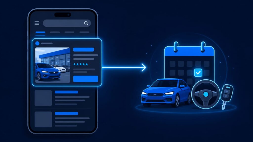 スマホの検索結果に表示された自動車販売店の広告枠と来店導線を、青系フラットイラストで表現したアイキャッチ的なビジュアル