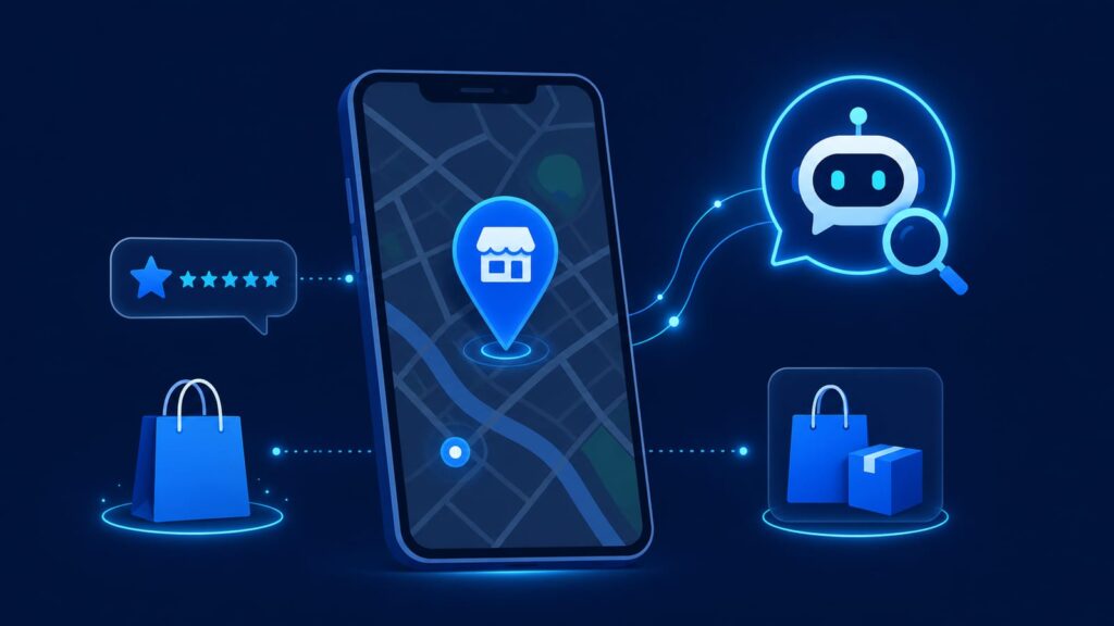 スマホのGoogleマップとAI検索に表示された小売店の情報を、青系フラットイラストで表現したアイキャッチ的なビジュアル
