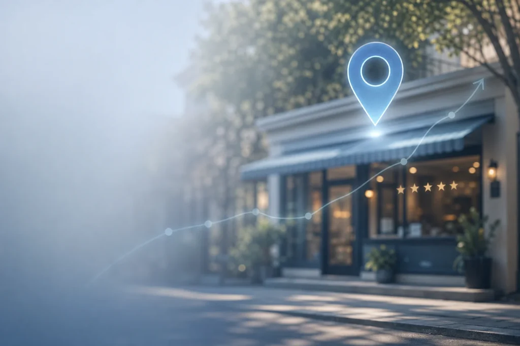 Googleマップのピンと店舗を背景に、口コミ・閲覧・来店の変化を示す抽象的なグラフィックが重なるビジネスイメージ