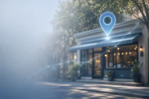 Googleマップのピンと店舗を背景に、口コミ・閲覧・来店の変化を示す抽象的なグラフィックが重なるビジネスイメージ