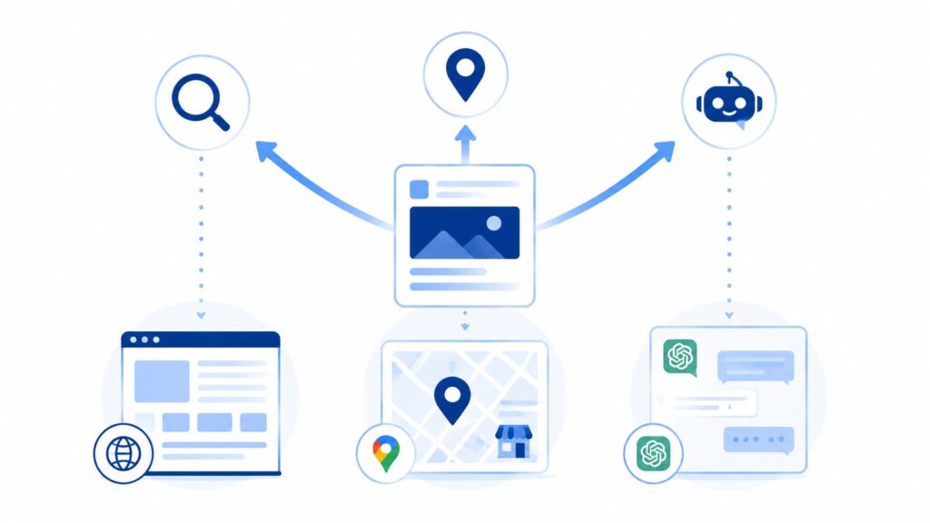 1つの投稿がSEO・MEO・LLMOへ一括最適化されるAXiYの仕組み図