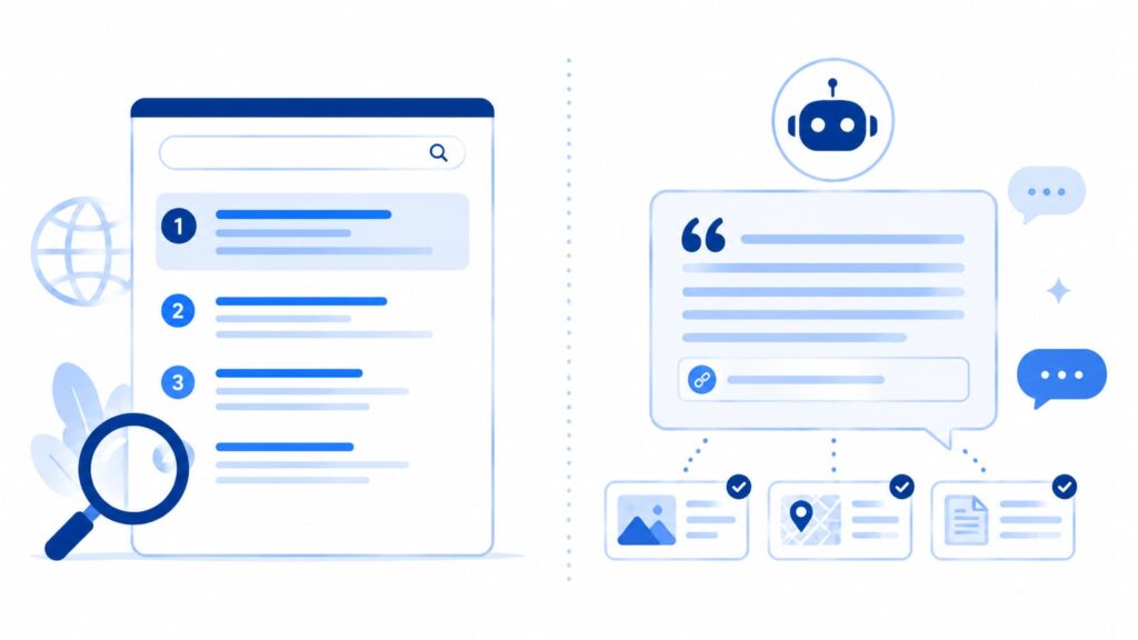 SEO(検索エンジン向け)とLLMO(生成AI向け)の違いを左右で対比した図