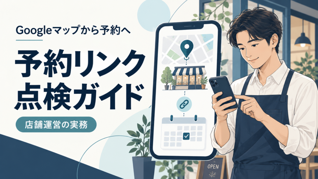 Googleマップから店舗の予約先へつながる流れを、店主とスマートフォンで示した予約リンク点検ガイド
