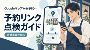Googleマップから店舗の予約先へつながる流れを、店主とスマートフォンで示した予約リンク点検ガイド