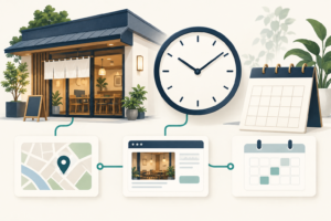 店舗の営業時間を地図・公式サイト・予約ページで揃える概念図