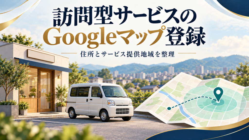 訪問型サービスの車、店舗、地図で住所とサービス提供地域を表したイメージ