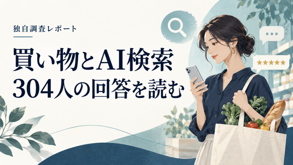 買い物とAI検索の304人調査を表す、スマートフォンで情報を比較する買い物客の概念イラスト