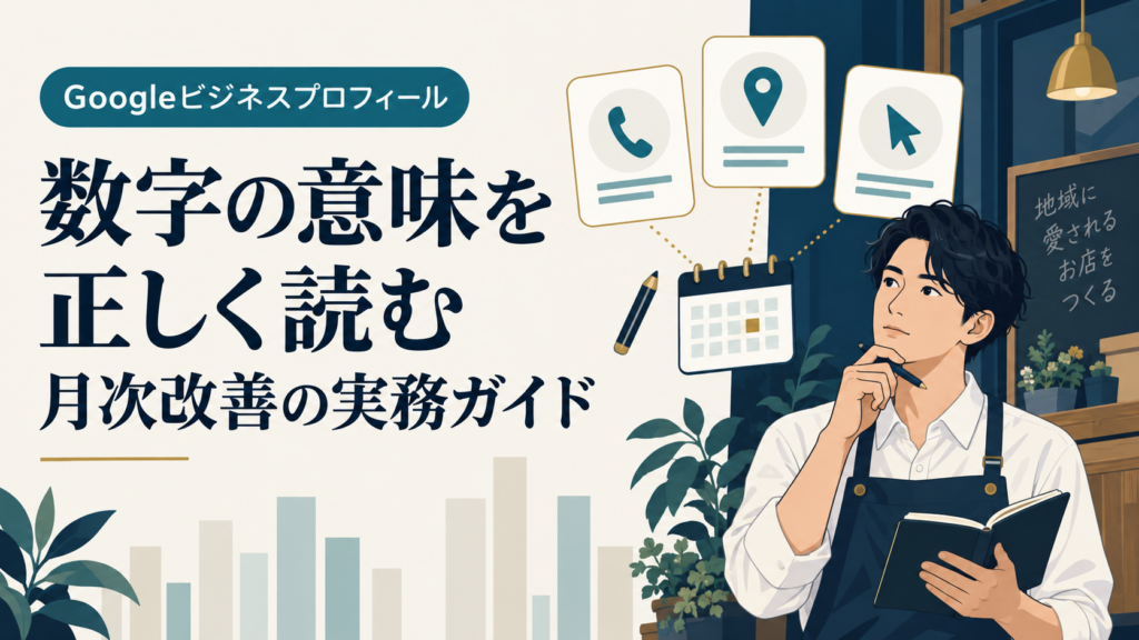 Googleビジネスプロフィールのパフォーマンスを読み解く店主と、電話・ルート・サイトクリックの概念イラスト