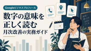 Googleビジネスプロフィールのパフォーマンスを読み解く店主と、電話・ルート・サイトクリックの概念イラスト