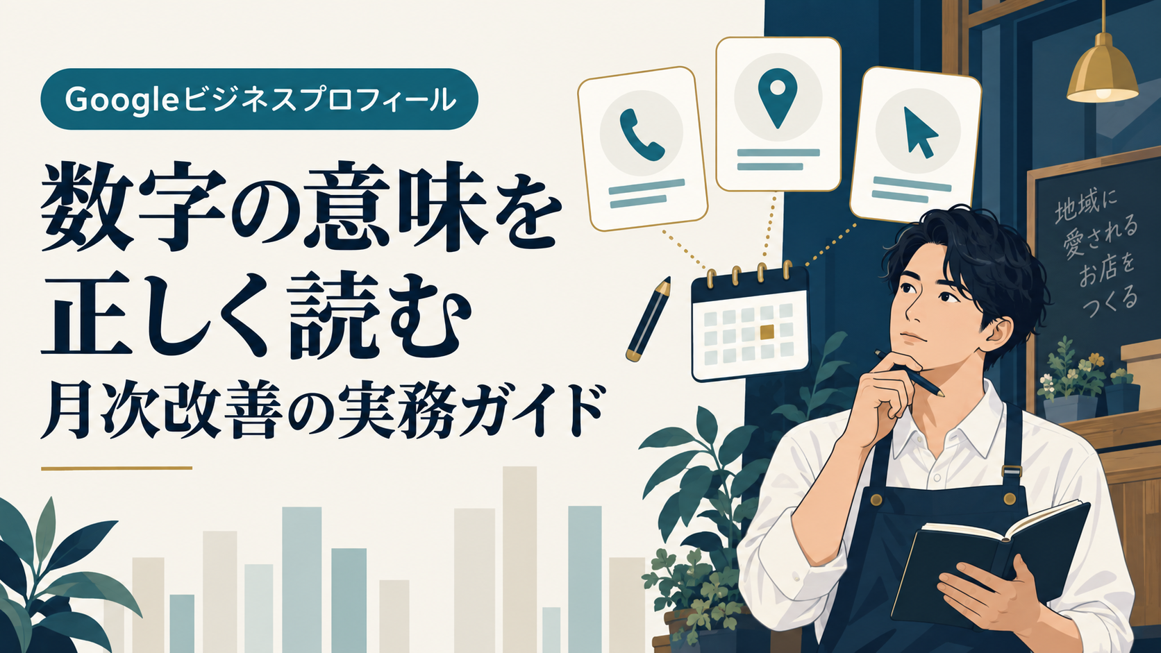 Googleビジネスプロフィールのパフォーマンスを読み解く店主と、電話・ルート・サイトクリックの概念イラスト