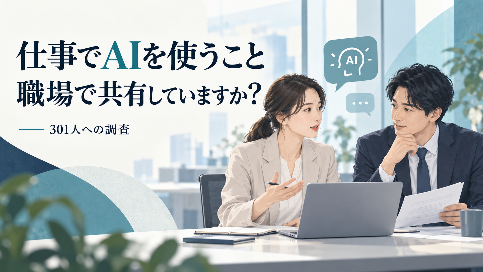 職場でAI利用について相談する同僚のイラスト。働く301人への調査