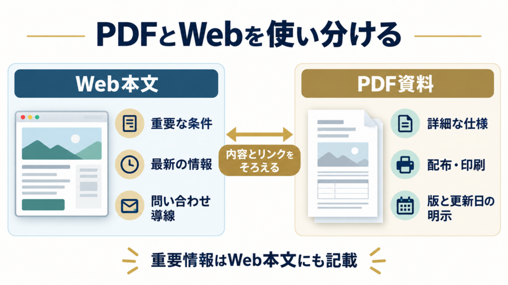 Web本文は対象・条件・要点、PDFは詳細・仕様を担当し、両方の版・条件・リンクを確認する運用例