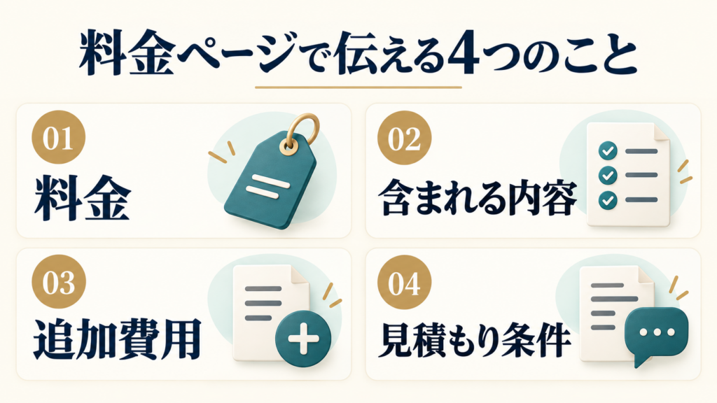 料金ページに必要な4つの情報：料金、含まれる内容、追加費用、見積もり条件
